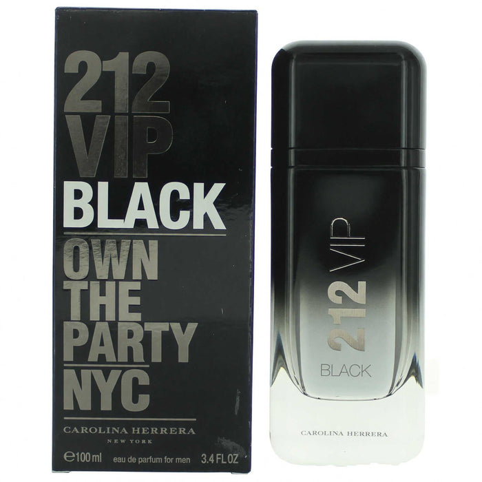 212 VIP Black by Carolina Herrera men's perfume in a black-to-clear gradient bottle with matching black box and bold lettering