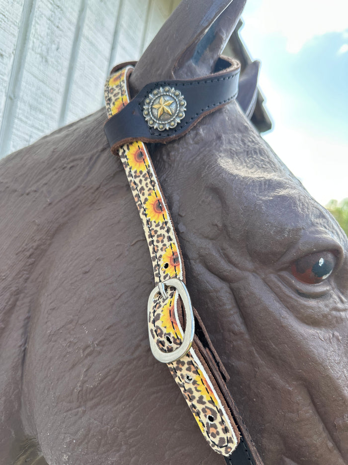 Butter soft cheetah sunflower leather one ear Headstall with quick change buckles horse size