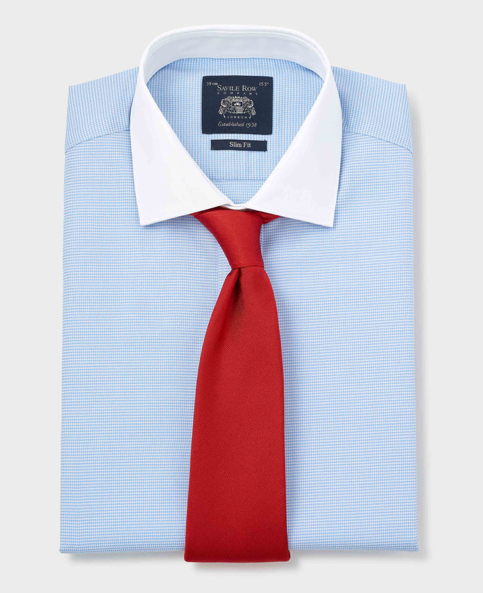 Men's Blue Textured Cotton Puppytooth Slim Fit Winchester Formal Shirt With Double Cuffs folded with tie