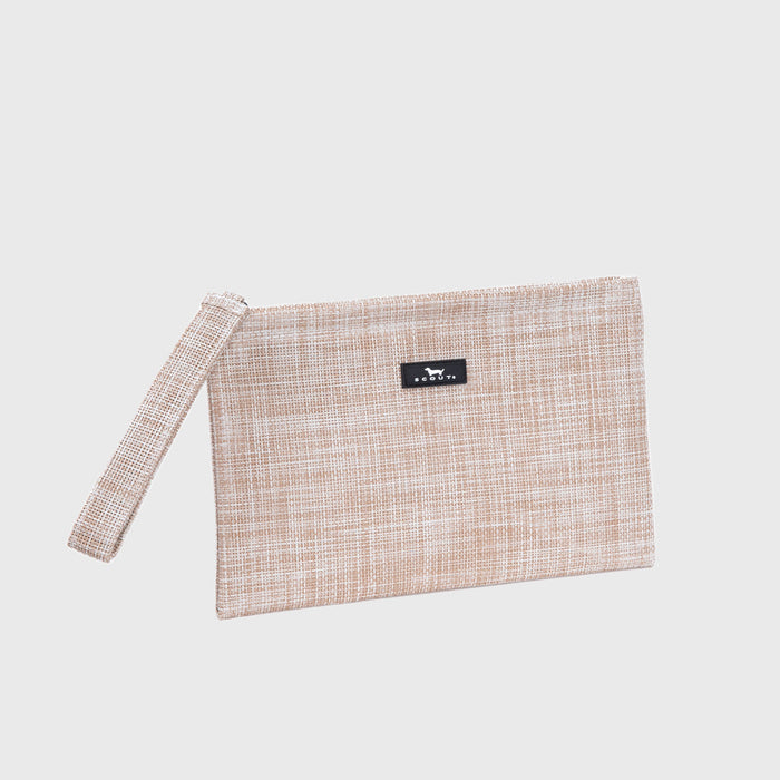 Textured pouch with a strap on a light gray background