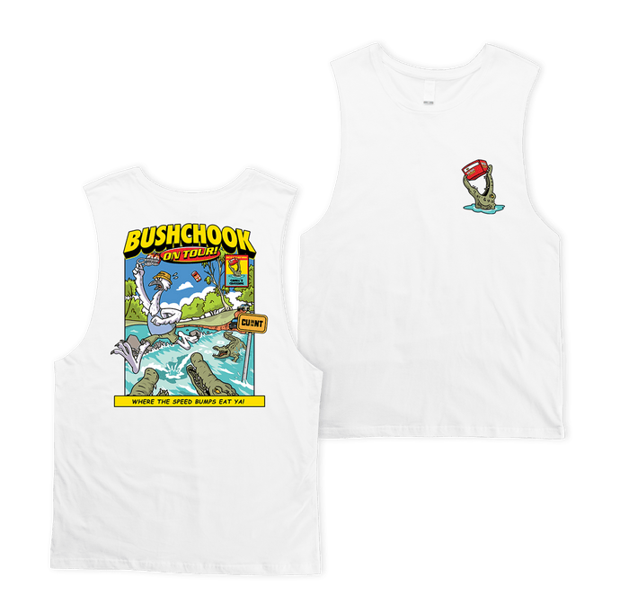 Chooks on Tour: Cahills Crossing Muscle Tee White Muscle Bush Chook