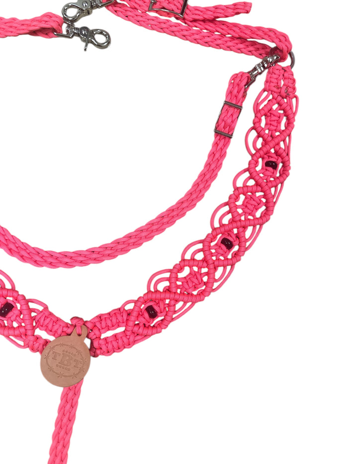 fancy macrame breast collar salmon pink with black obsidian and a wither strap