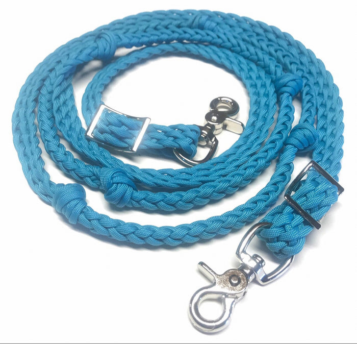 Neon turquoise Barrel Reins, Round with grip knots
