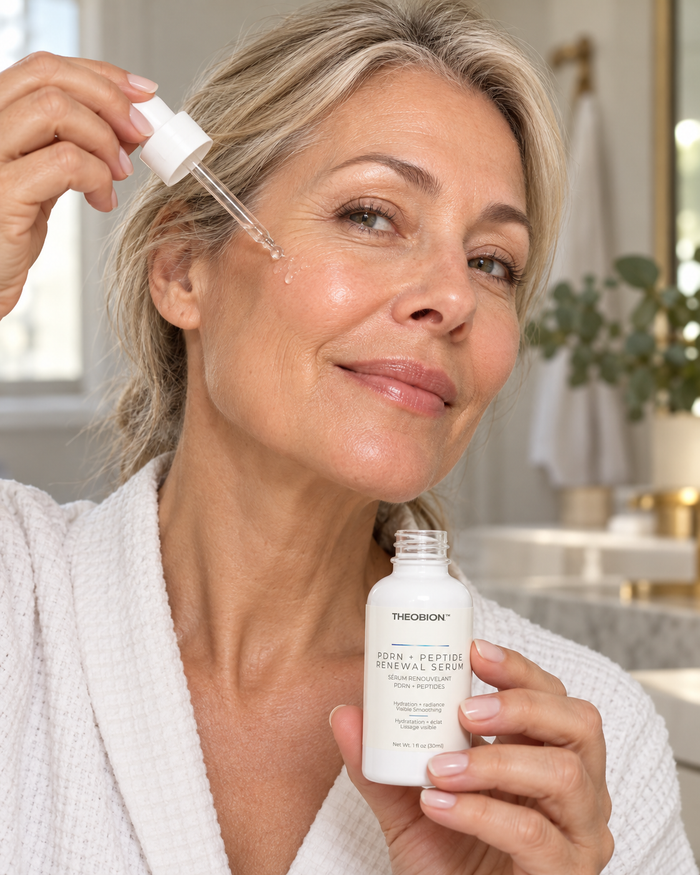 Woman applying PDRN + Peptide Renewal Serum to her cheek