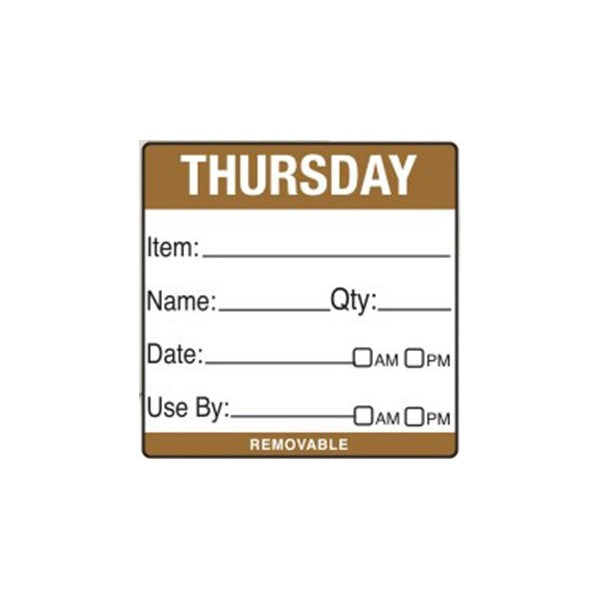 Removable Food Rotation Label 50mm X 50mm (Roll Of 500) Thursday/Brown