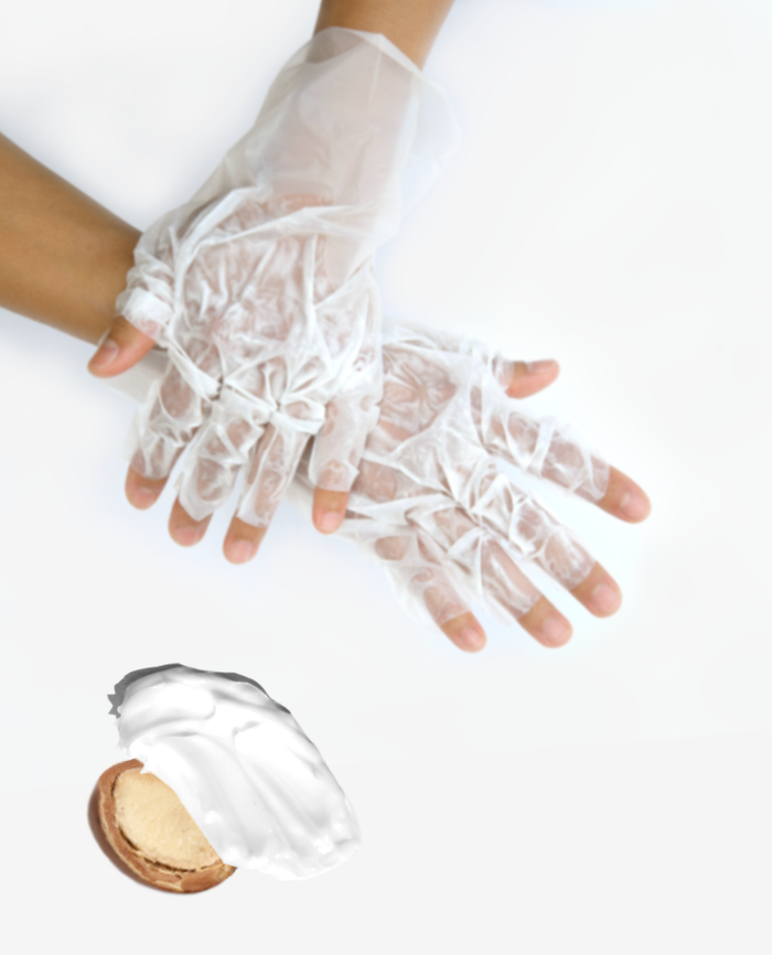 Person wearing shea butter gloves