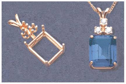 Solid Sterling Silver or 14kt White or Yellow Gold 6x4-14x10 Emerald Cut Pendant Setting with Accents, New, Made in USA 161-023/141-023