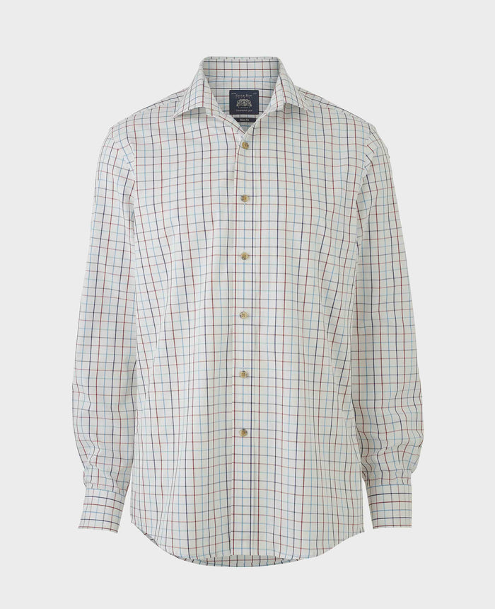 Men's White Red Cotton Tattersall Check Slim Fit Formal Shirt With Single Cuffs mannequin shot