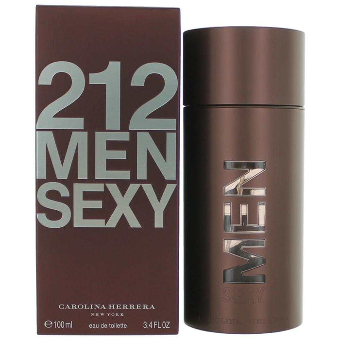 212 Sexy by Carolina Herrera men’s EDT spray in a brown cylindrical bottle with metallic lettering and matching box
