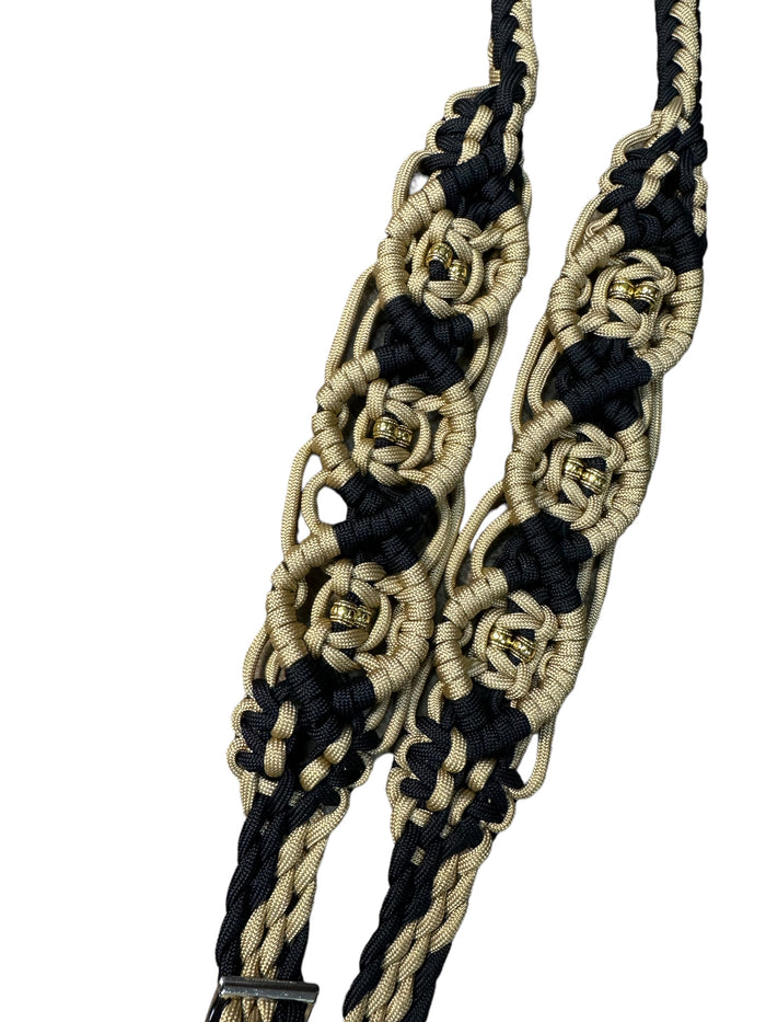 8' Fancy  braided beaded black and gold  loop reins with gold beads