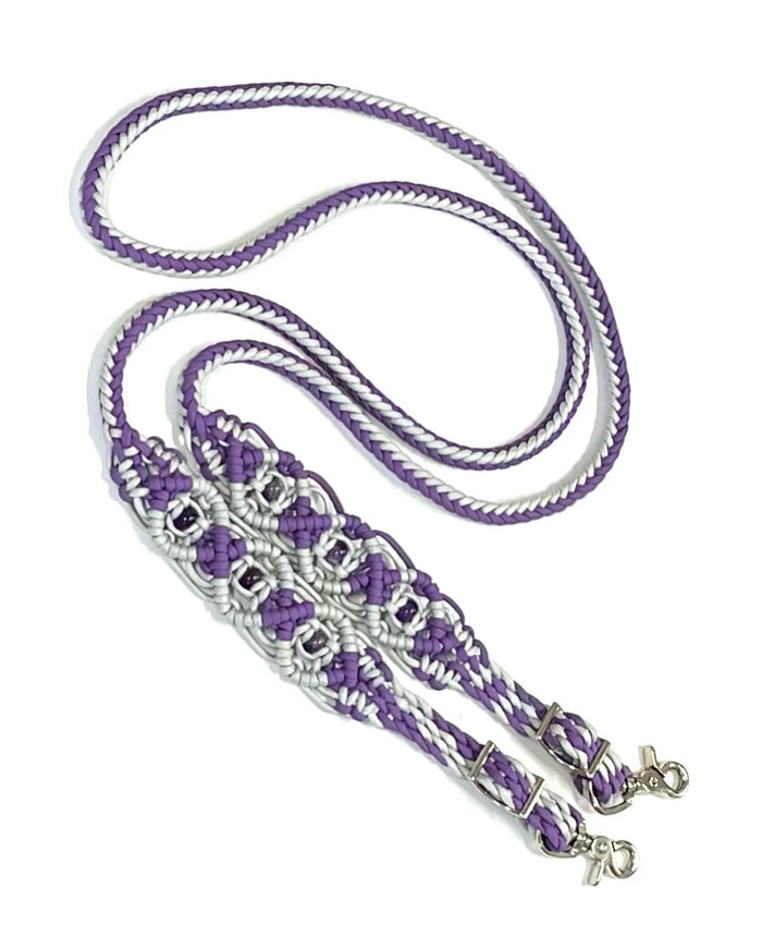 8' Fancy  braided loop reins with  amethyst beads - Tiffanys Braided Tack LLC