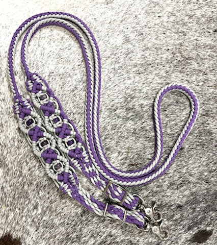 8' Fancy  braided loop reins with  amethyst beads - Tiffanys Braided Tack LLC