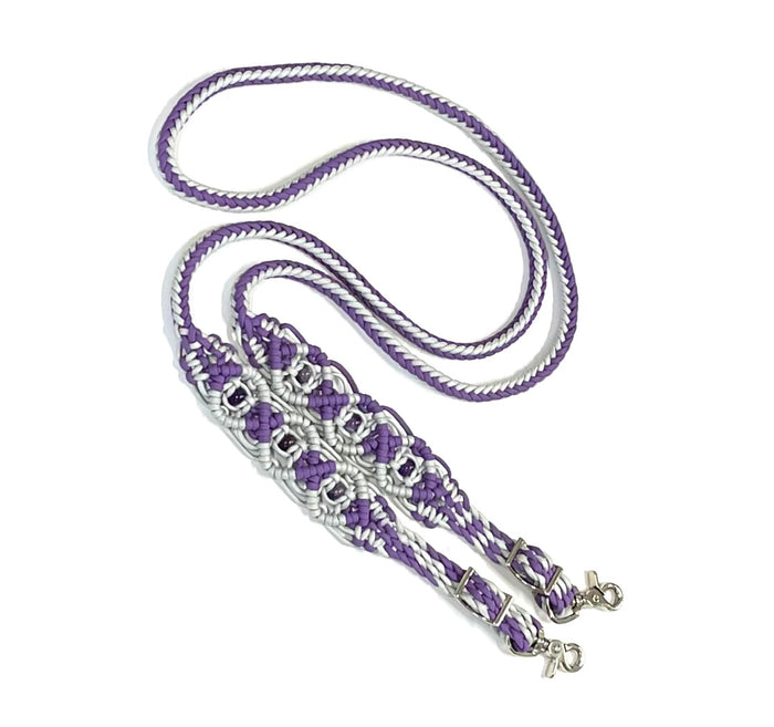 8' Fancy  braided loop reins with  amethyst beads - Tiffanys Braided Tack LLC
