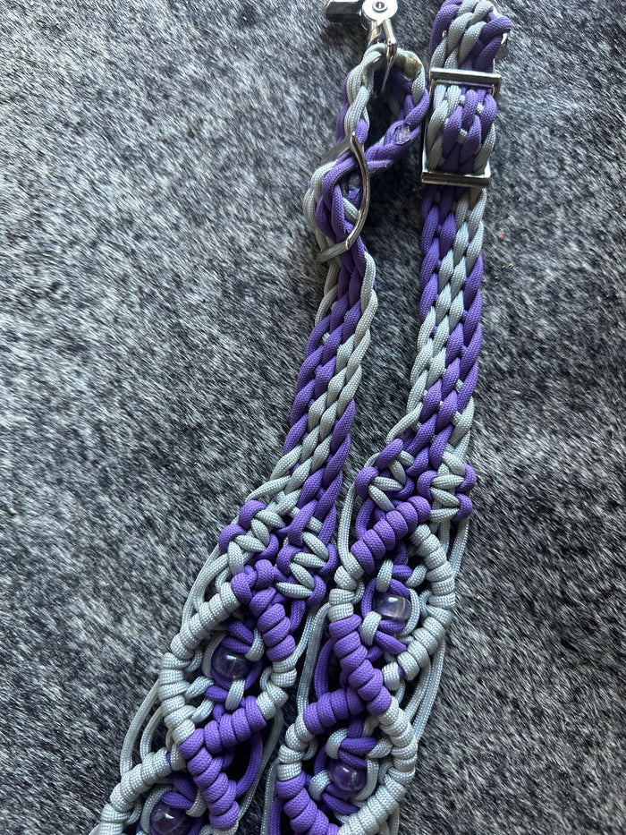 8' Fancy  braided loop reins with  amethyst beads - Tiffanys Braided Tack LLC