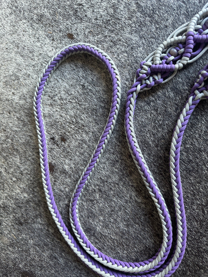 8' Fancy  braided loop reins with  amethyst beads - Tiffanys Braided Tack LLC