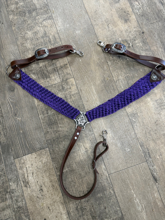 horse breast collar mule tape in purple with leather tugs conchos and Jeremiah Watt hardware