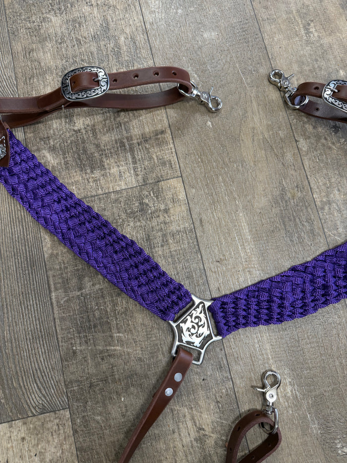 horse breast collar mule tape in purple with leather tugs conchos and Jeremiah Watt hardware