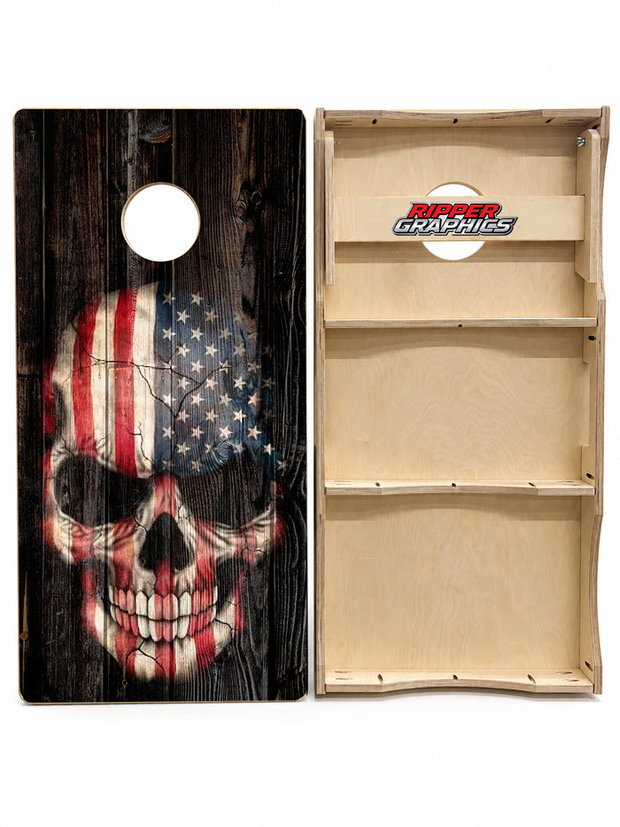 American Flag Skull Barnwood Cornhole Design