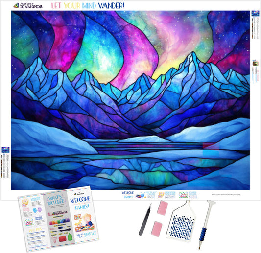 Aurora Borealis Over Snowy Mountains Stained Glass