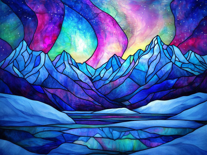 Aurora Borealis Over Snowy Mountains Stained Glass