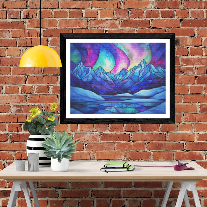 Aurora Borealis Over Snowy Mountains Stained Glass