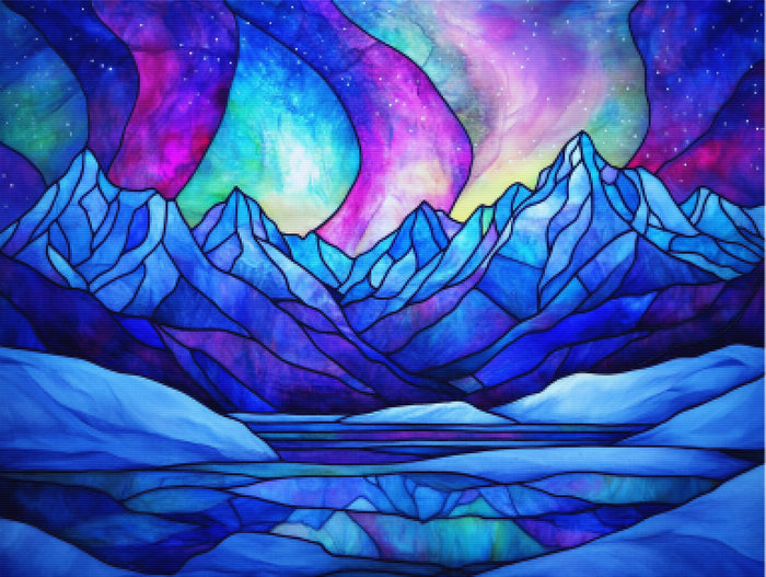 Aurora Borealis Over Snowy Mountains Stained Glass