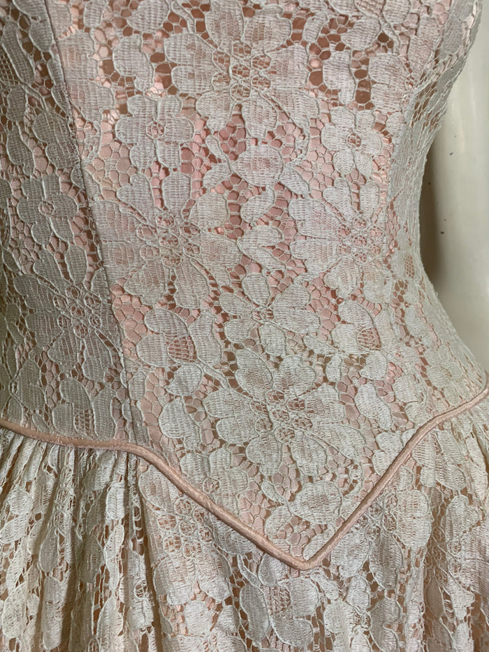 Baby Pink Lace Full Skirt Dress with Bow Back circa 1960s