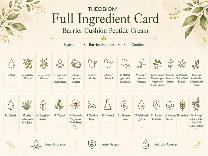 Theobion Full Ingredient Card for Barrier Cushion Peptide Cream, featuring a grid of 26 ingredients with icons and names on a light beige background with botanical illustrations.