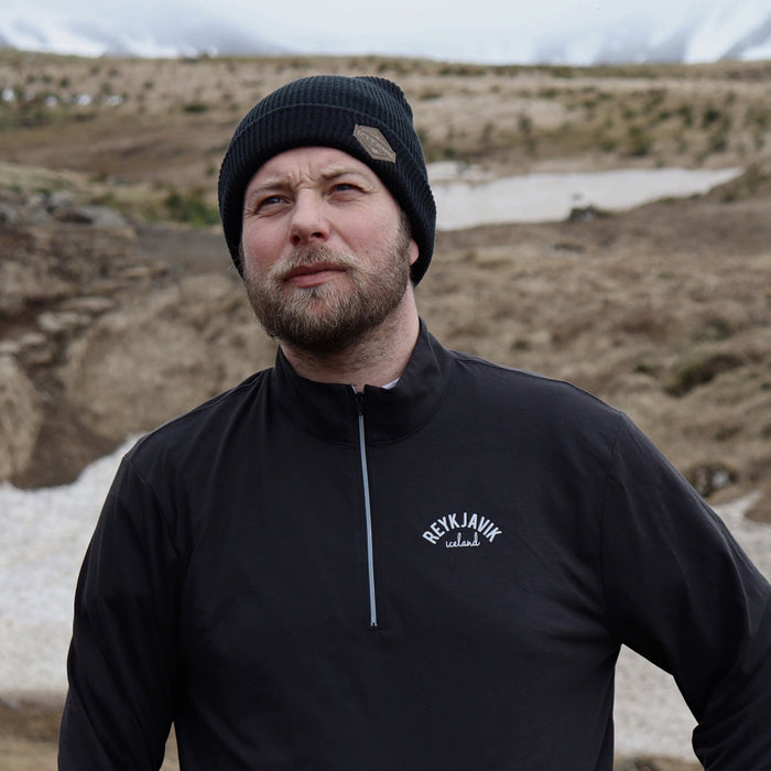 Beanie - Leather Patch - Mountains - Black