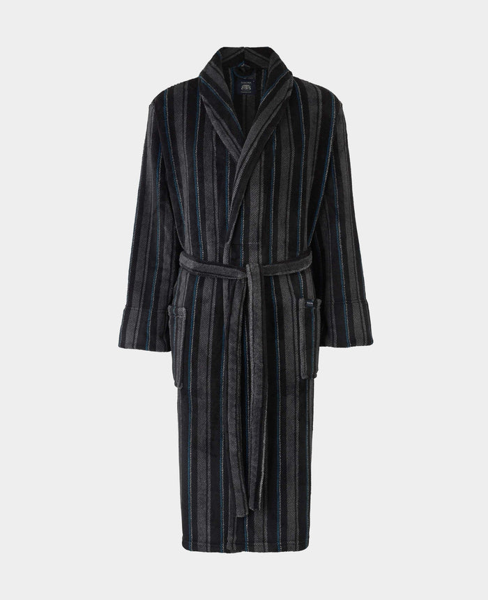 Men's Black Charcoal Blue Stripe Snuggle Fleece Dressing Gown mannequin shot