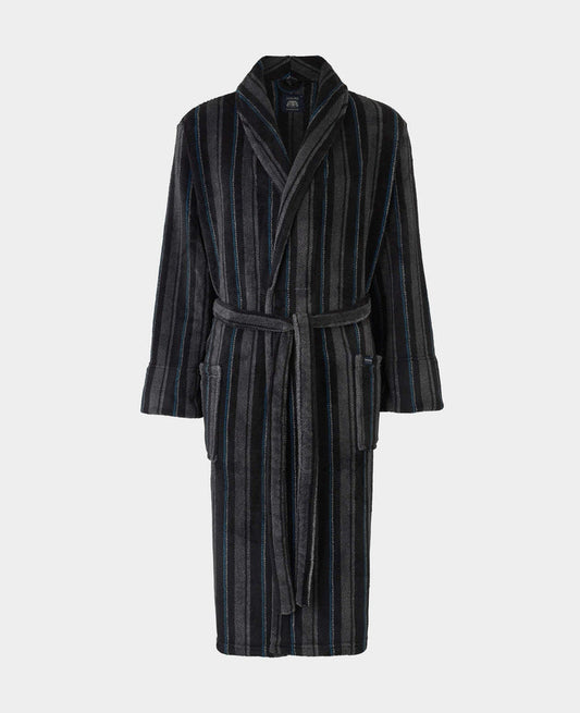 Men's Black Charcoal Blue Stripe Snuggle Fleece Dressing Gown mannequin shot