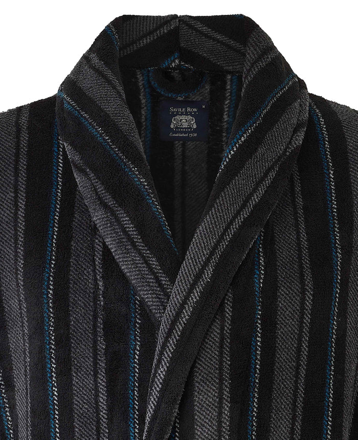 Men's Black Charcoal Blue Stripe Snuggle Fleece Dressing Gown collar detail