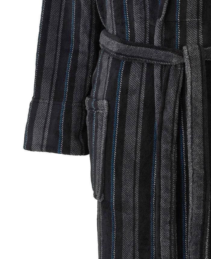 Men's Black Charcoal Blue Stripe Snuggle Fleece Dressing Gown pocket detail