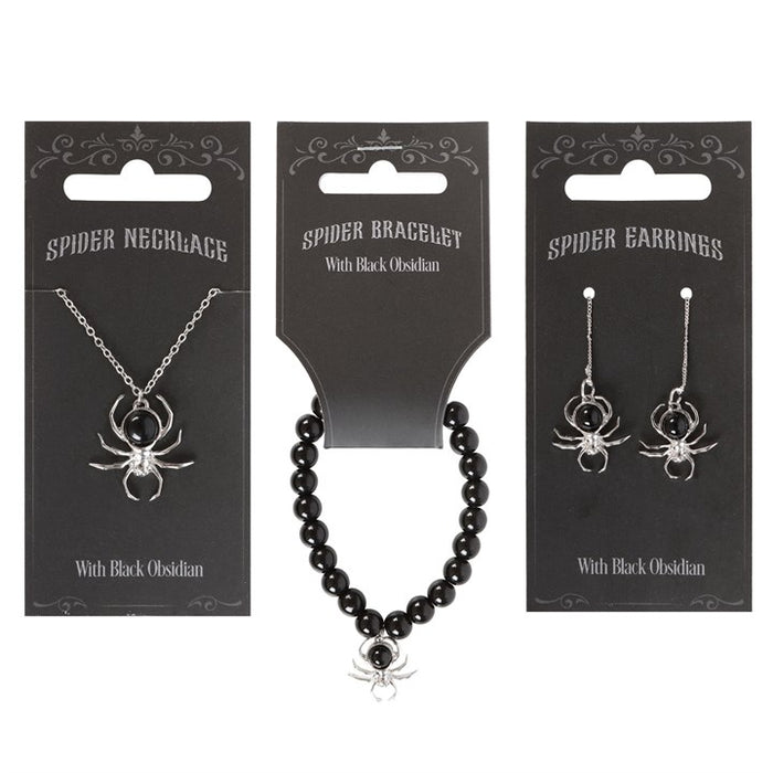 spider jewellery set showing necklace earrings and bracelet arranged together for gothic styling