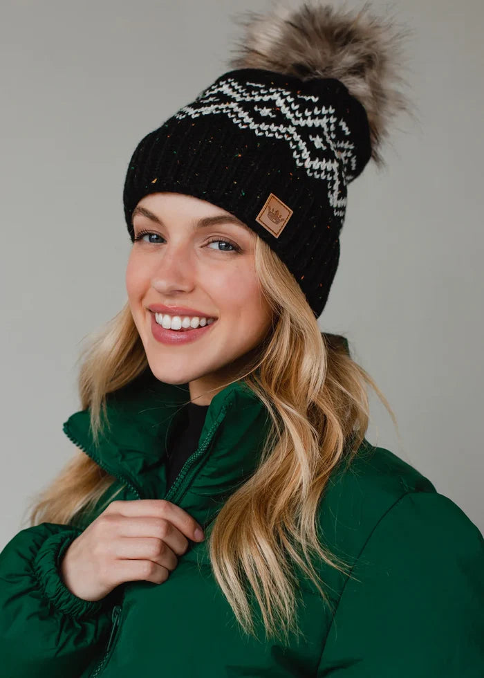 Black Speckled Patterned Pom Hat