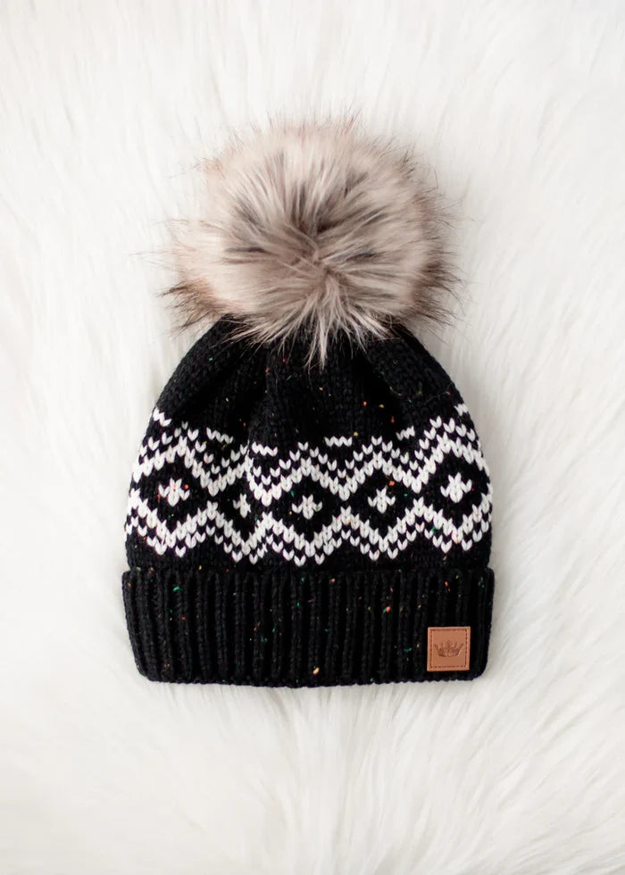 Black Speckled Patterned Pom Hat