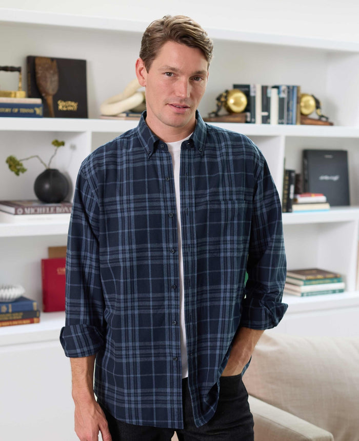Men's Blue Brushed Cotton Check Classic Fit Button-Down Casual Shirt model shot