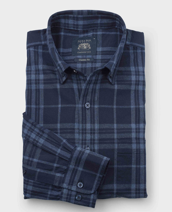 Men's Blue Brushed Cotton Check Classic Fit Button-Down Casual Shirt folded