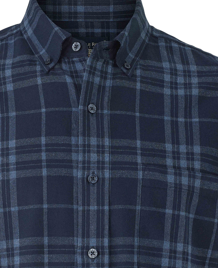 Men's Blue Brushed Cotton Check Classic Fit Button-Down Casual Shirt collar detail