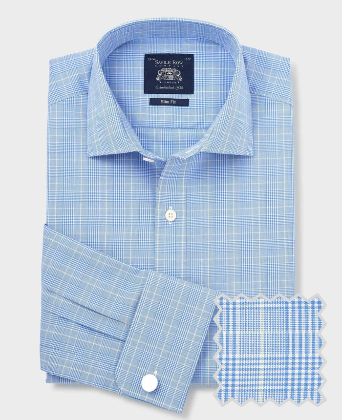 Men's Blue Cotton Prince of Wales Check Slim Fit Formal Shirt With Double Cuffs product shot with swatch