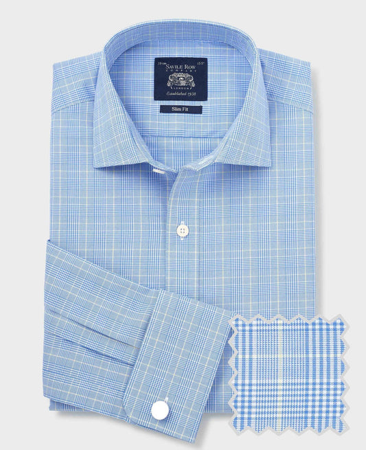 Men's Blue Cotton Prince of Wales Check Slim Fit Formal Shirt With Double Cuffs product shot with swatch