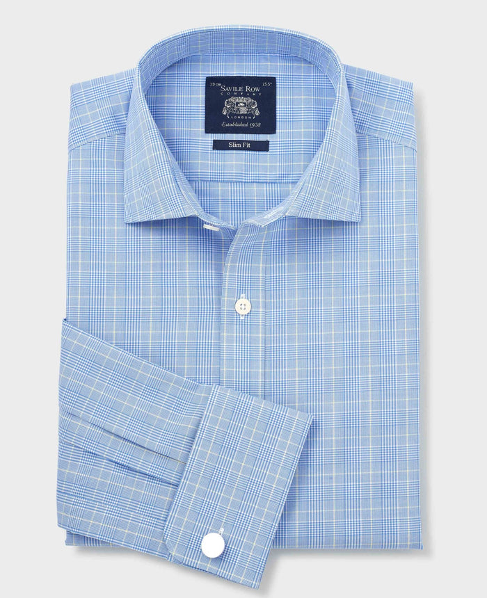 Men's Blue Cotton Prince of Wales Check Slim Fit Formal Shirt With Double Cuffs folded