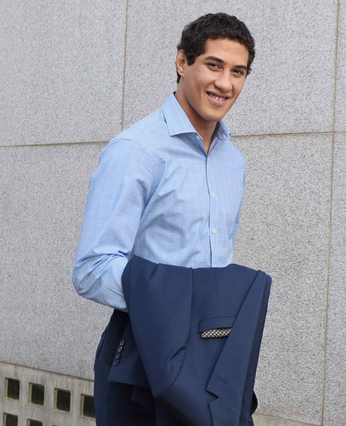 Men's Blue Cotton Prince of Wales Check Slim Fit Formal Shirt With Double Cuffs model shot