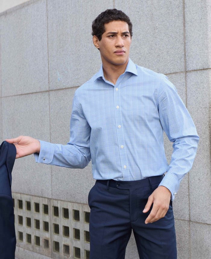Men's Blue Cotton Prince of Wales Check Slim Fit Formal Shirt With Double Cuffs model shot