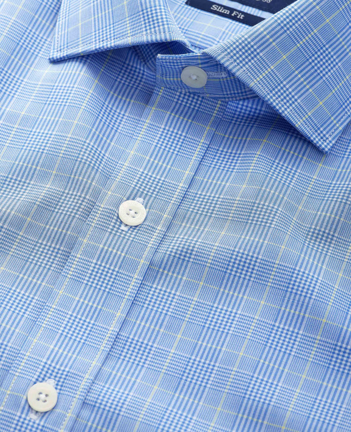Men's Blue Cotton Prince of Wales Check Slim Fit Formal Shirt With Double Cuffs collar detail