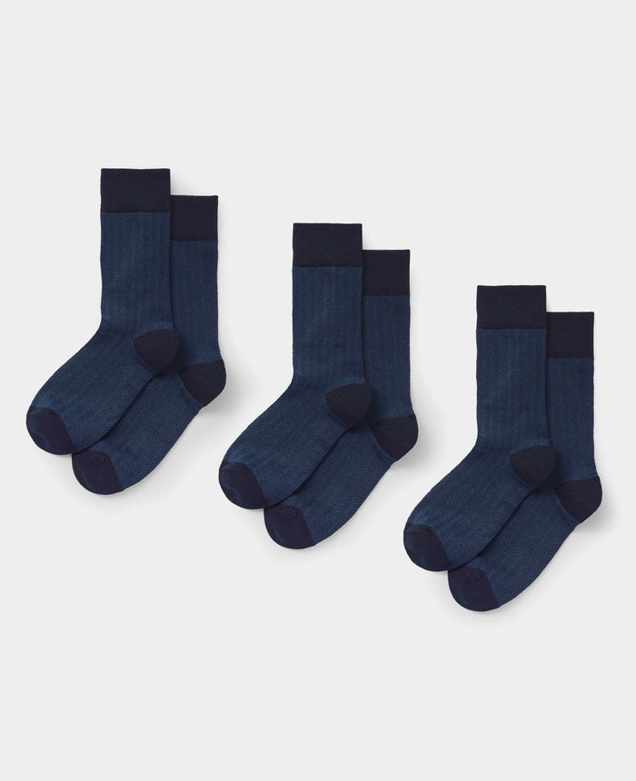 Men's Blue Cotton Rich Herringbone Three Pack Socks unfolded view