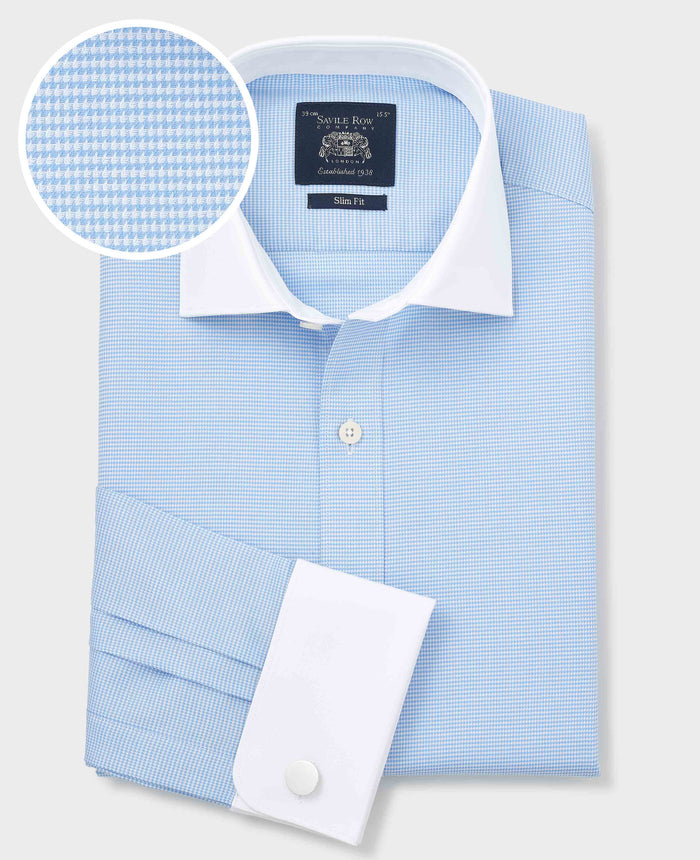 Men's Blue Textured Cotton Puppytooth Slim Fit Winchester Formal Shirt With Double Cuffs folded shot