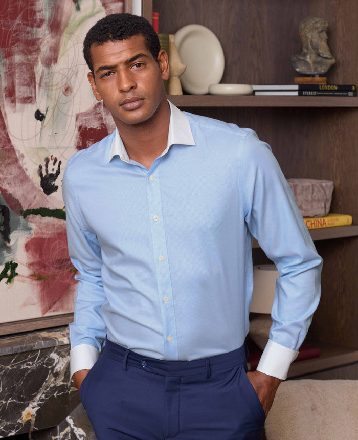 Men's Blue Textured Cotton Puppytooth Slim Fit Winchester Formal Shirt With Double Cuffs model shot