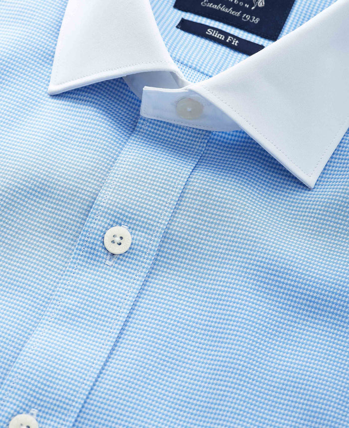 Men's Blue Textured Cotton Puppytooth Slim Fit Winchester Formal Shirt With Double Cuffs collar detail