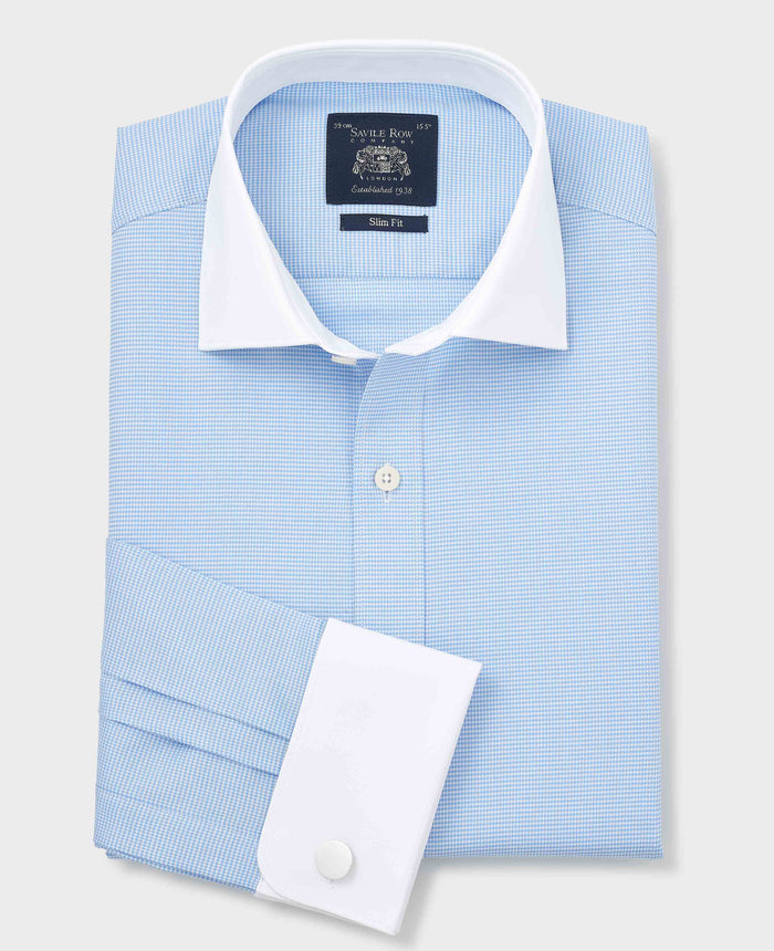 Men's Blue Textured Cotton Puppytooth Slim Fit Winchester Formal Shirt With Double Cuffs folded